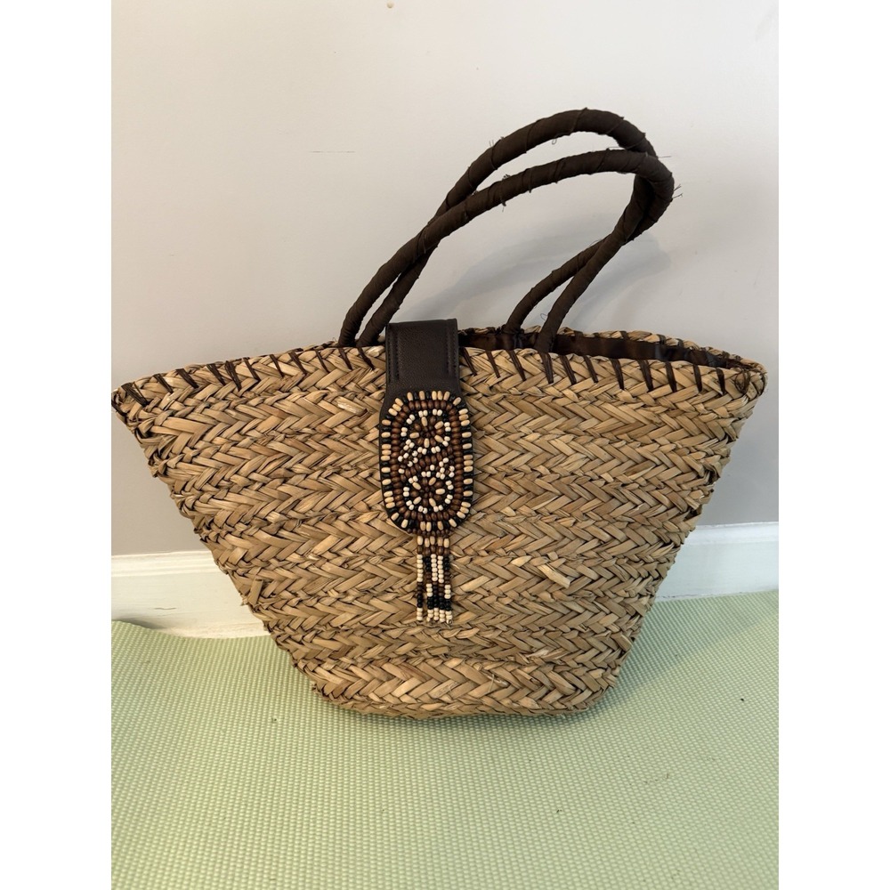 Sun & Same Beaded Straw Boho Purse Tote‎ Beach Tan Coastal Resort Vacation